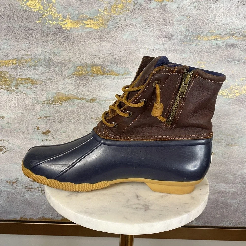 Sperry Boots Womens Size 8 Blue Brown Leather Duck Rain Ankle Zip STS91175